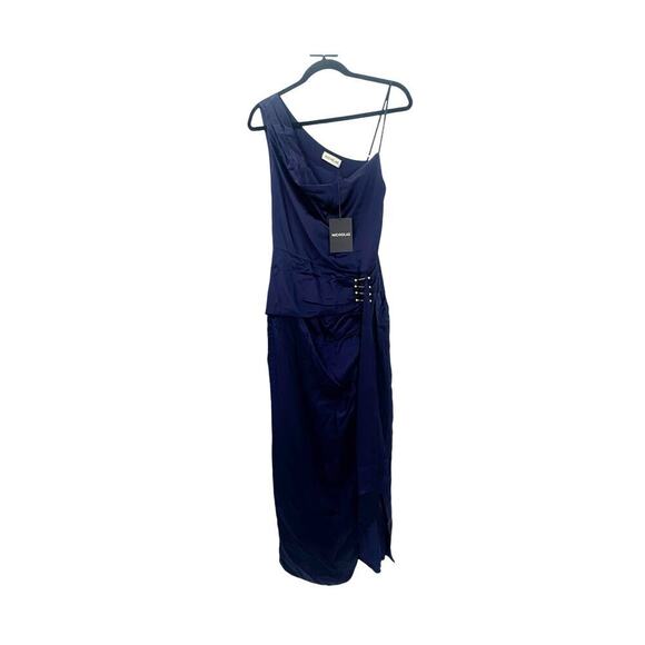 NIcholas Satin Senda Asymmetric Ruched Gown Midnight Blue Size 8 NWT - Picture 7 of 12